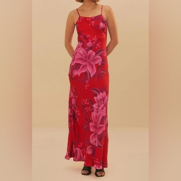FARM Rio Dresses & Skirts - FARM Rio Red Maxi Dress with Pink Floral Print